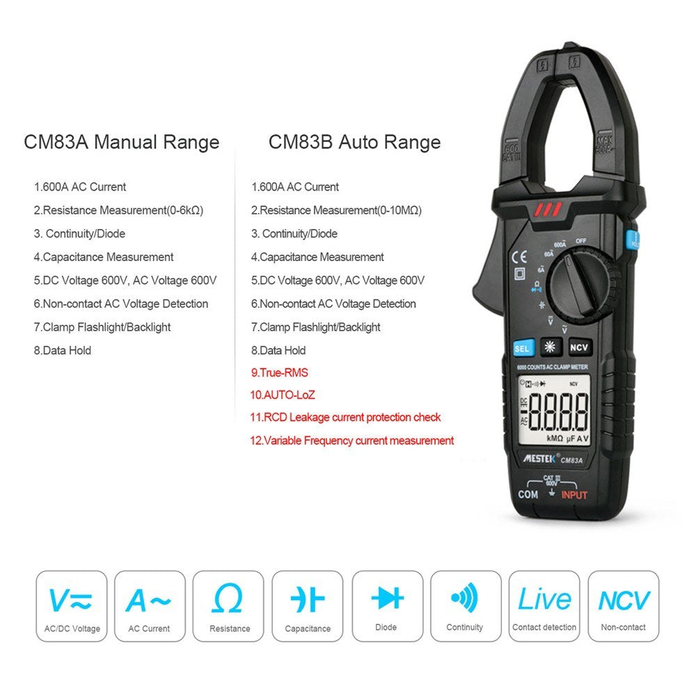 MESTEK Digital Clamp Meter 600A AC Current 600V AC/DC Voltage Capacitance Measurement Tester Multimeter Measurement Tool - CM83B Auto Range