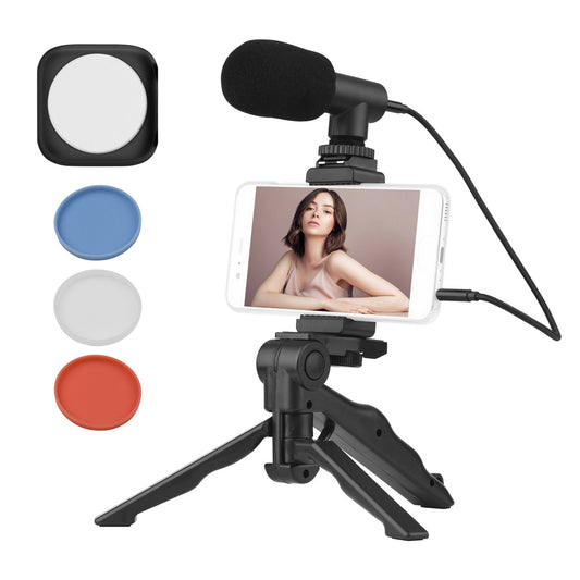 Andoer F4 Desktop Phone Vlog Kit Mobile Phone Video Kit with Condenser Microphone + Mini Tripod + Phone Holder + LED Fill Light 5500K with 3pcs Color Filter