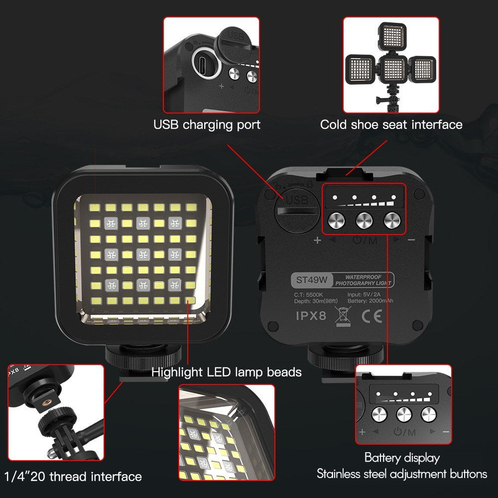 30m/98ft Portable Waterproof RGB LED Video Light Dimmable Brightness Mini Camera Light 5500K Color Temperature with Cold Shoe 1/4 inch Screw