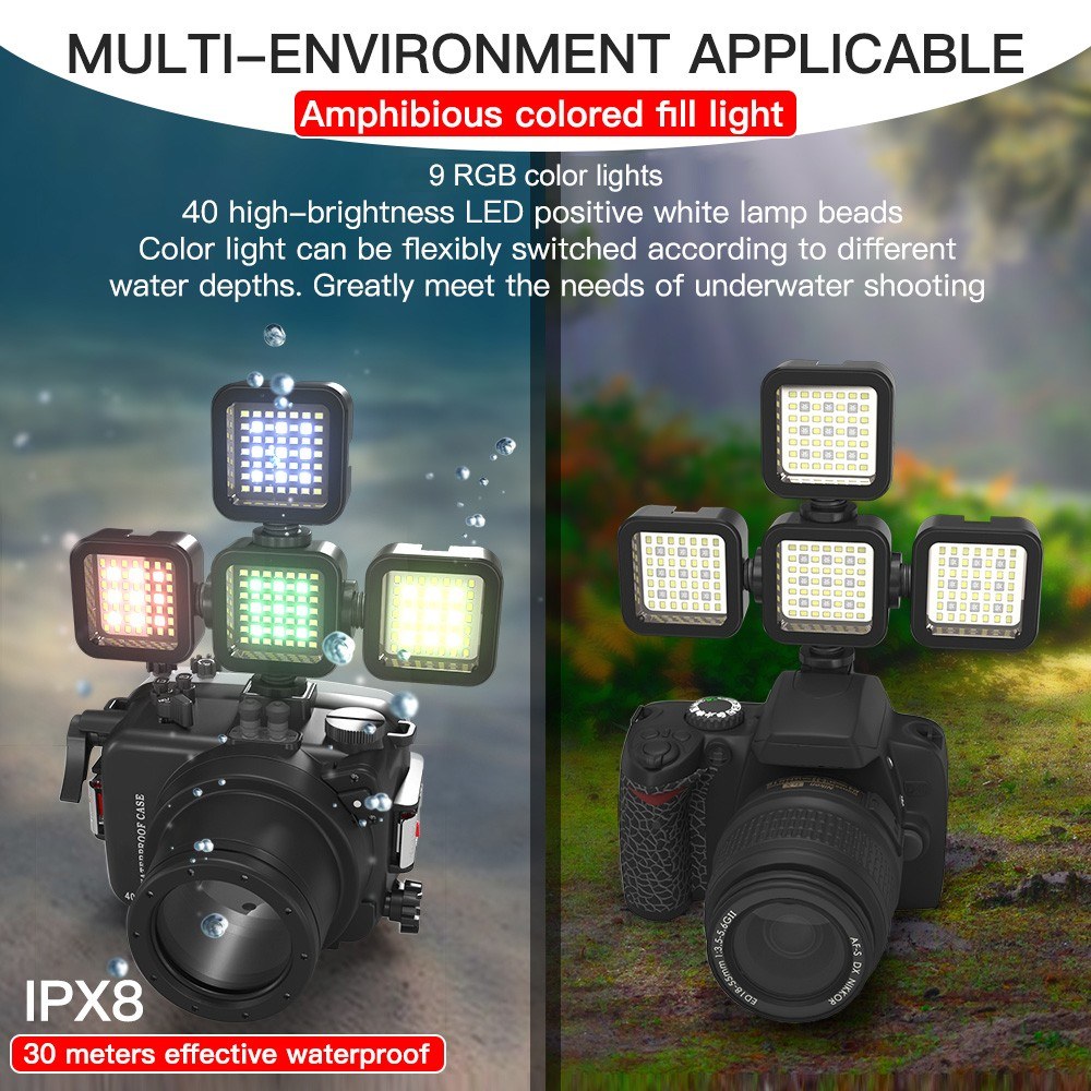 30m/98ft Portable Waterproof RGB LED Video Light Dimmable Brightness Mini Camera Light 5500K Color Temperature with Cold Shoe 1/4 inch Screw