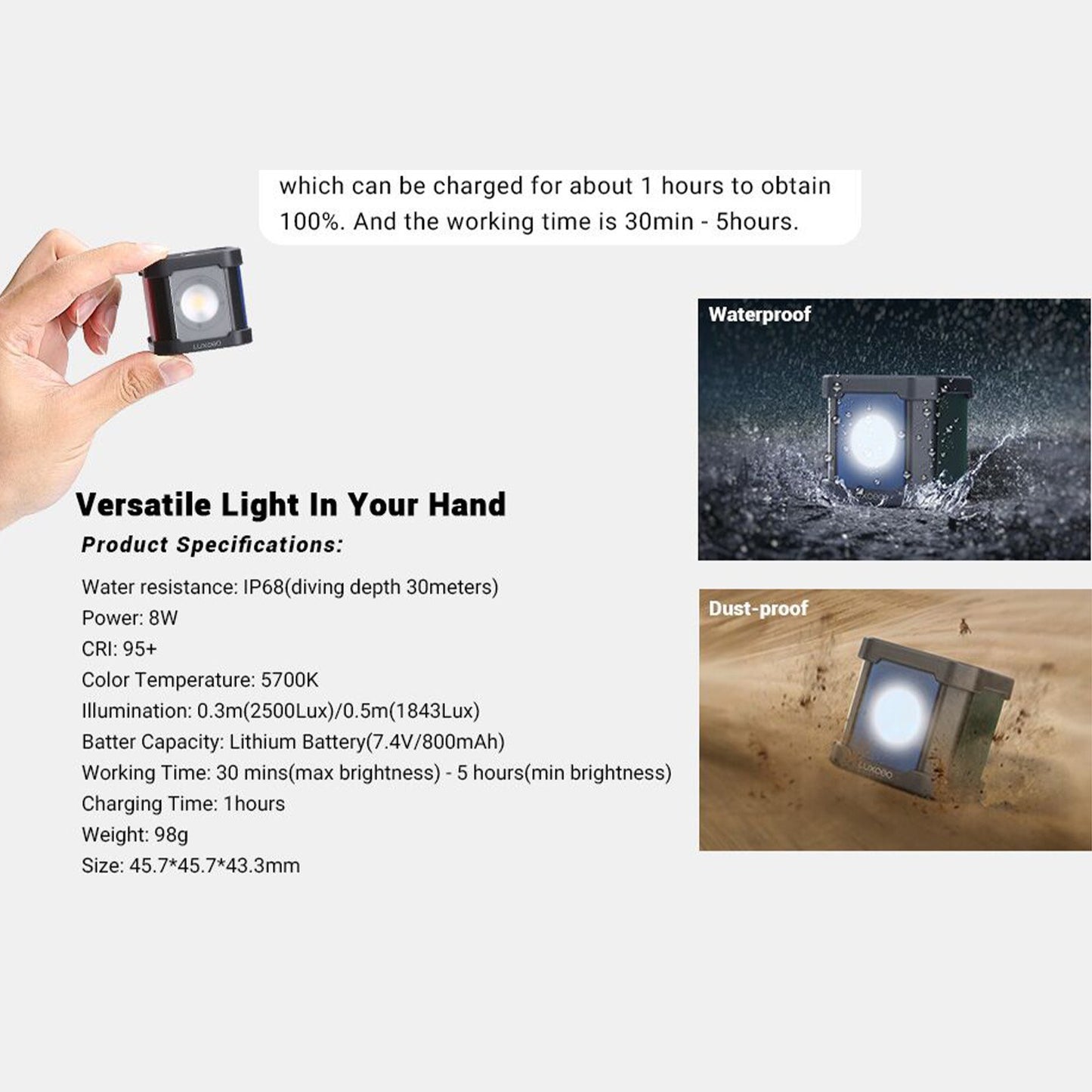 LUXCEO P4 LED Video Light for GoPro Drones Camera, Cube Waterproof IP68 Underwater 30M Camera Fill Photography Light 5750K