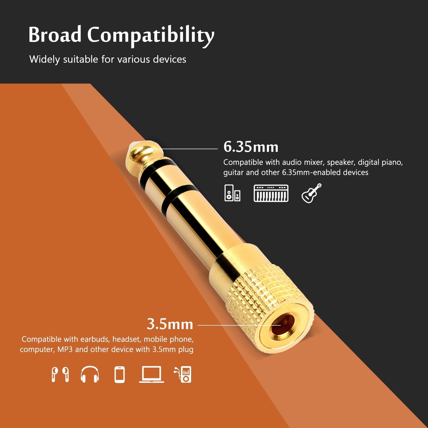 10Pcs 6.35mm 1/4inch Male to 3.5mm 1/8inch Female Stereo Headphone Audio Adapter Gold Plated Headphone Jack Plug for Amp Guitar Mixer