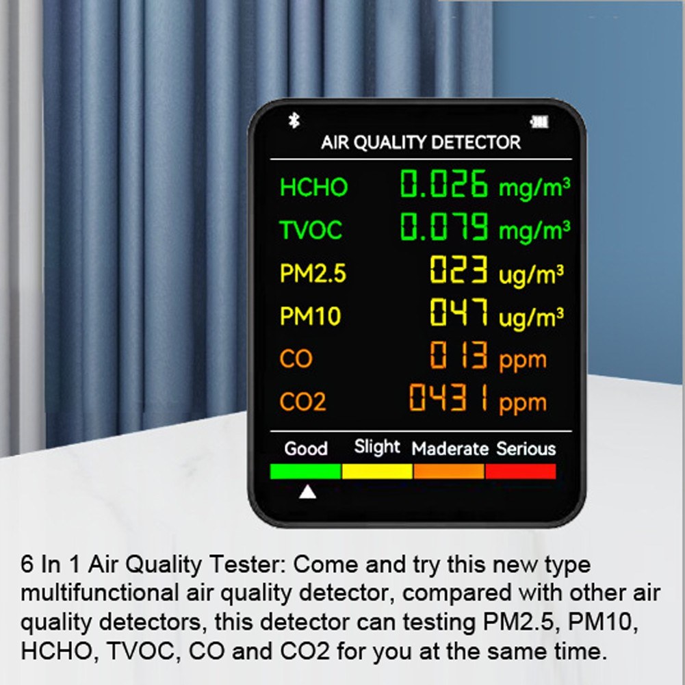 6 In 1 PM2.5 PM10 HCHO TVOC CO CO2 Multifunctional Air Quality Detector LCD Screen Display Air Quality Tester - Black