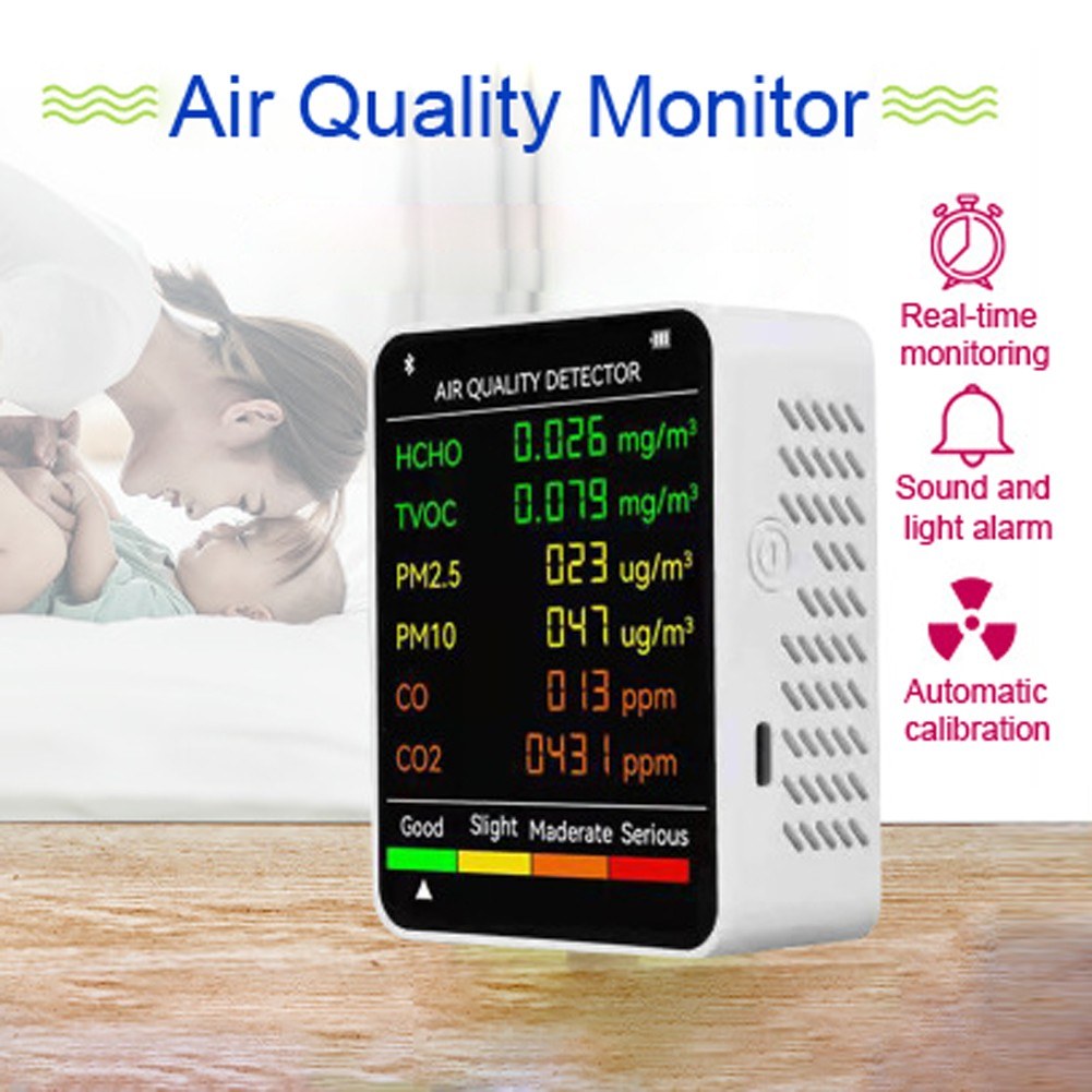 6 In 1 PM2.5 PM10 HCHO TVOC CO CO2 Multifunctional Air Quality Detector LCD Screen Display Air Quality Tester - White