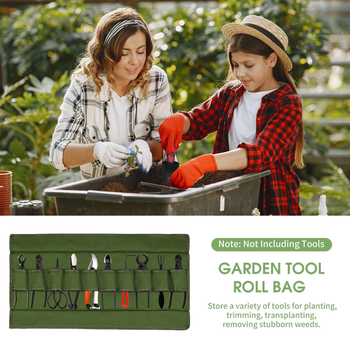 Tool Roll Bag Multi-Purpose Tool Roll Up Bag Canvas Garden Bag Organizer Bucket with 10 Pockets - Army Green