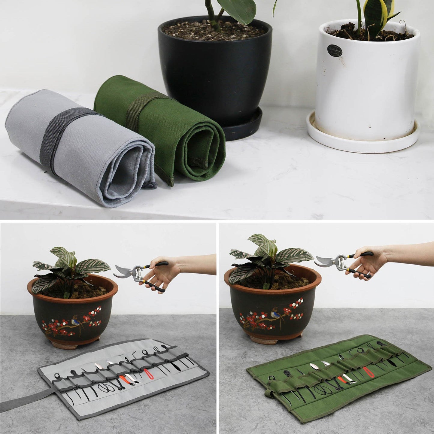 Tool Roll Bag Multi-Purpose Tool Roll Up Bag Canvas Garden Bag Organizer Bucket with 10 Pockets - Army Green