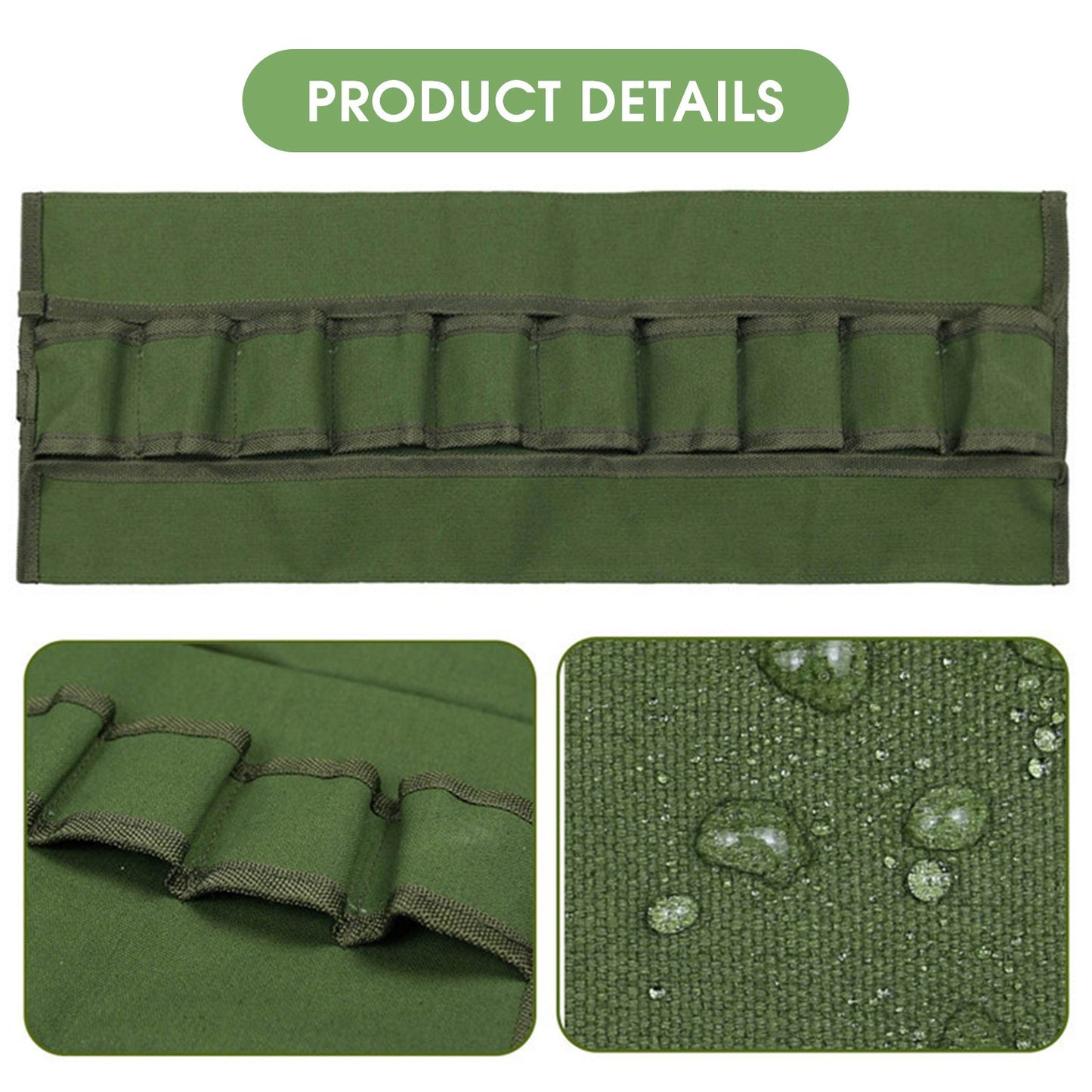 Tool Roll Bag Multi-Purpose Tool Roll Up Bag Canvas Garden Bag Organizer Bucket with 10 Pockets - Army Green