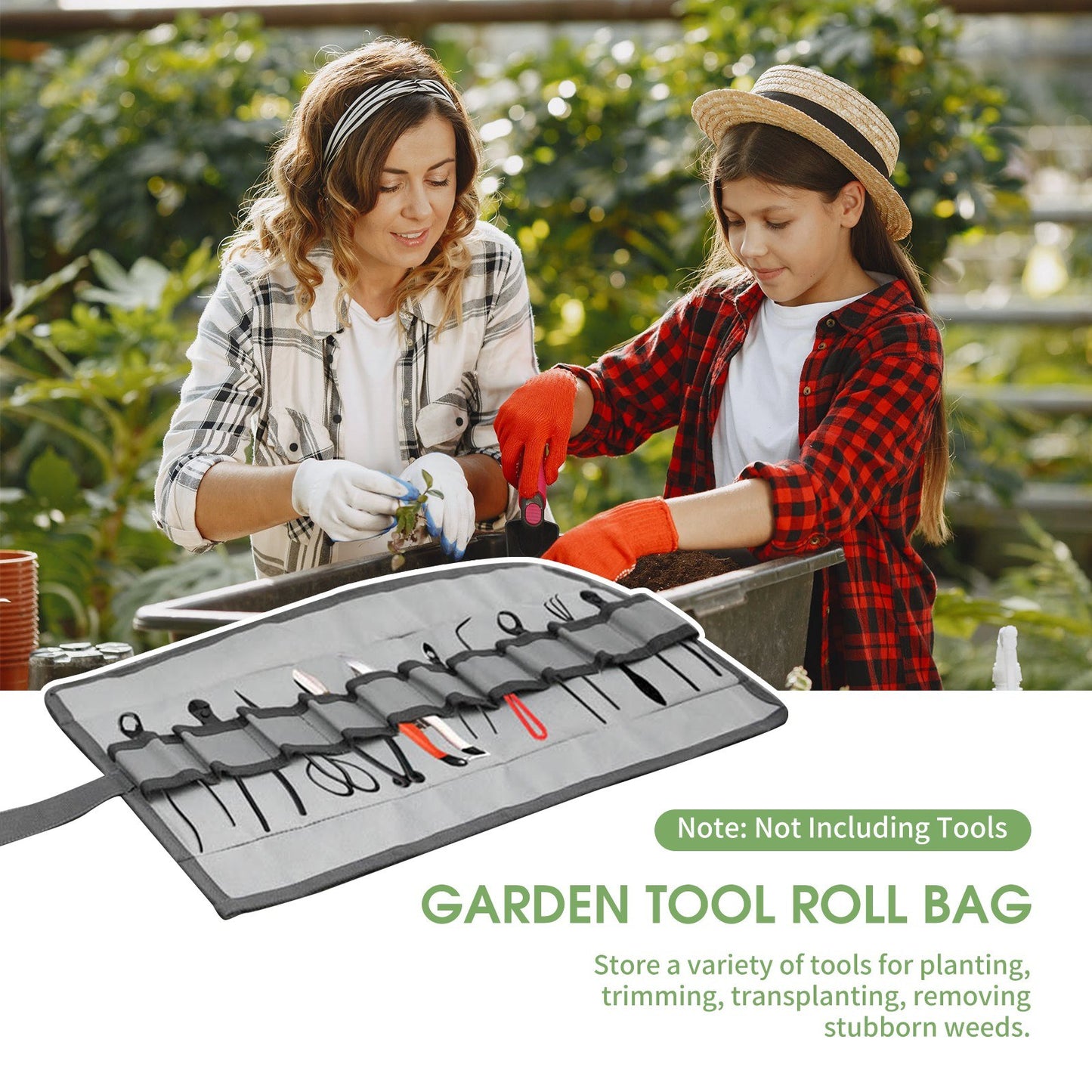 Tool Roll Bag Multi-Purpose Tool Roll Up Bag Canvas Garden Bag Organizer Bucket with 10 Pockets - Grey