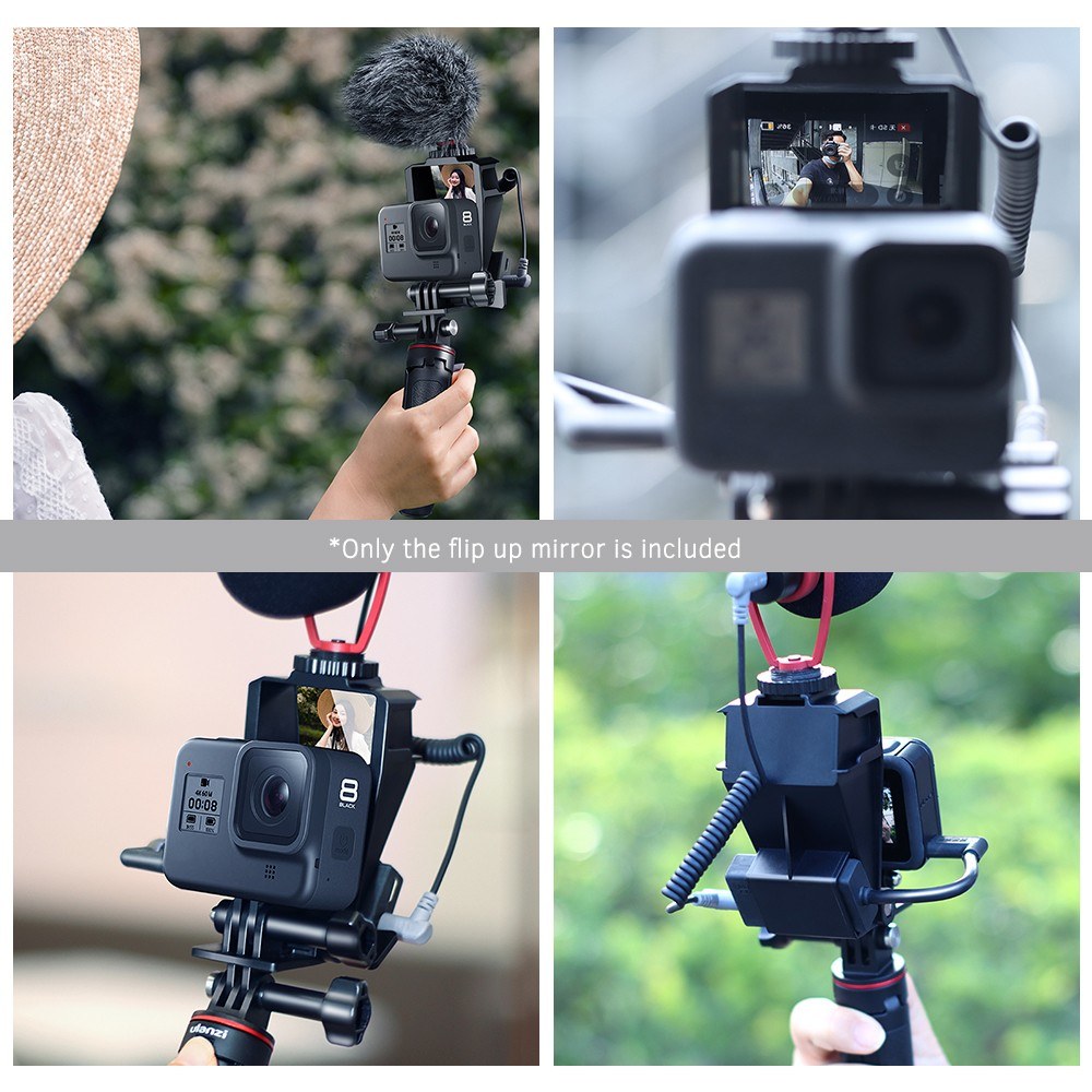 Uniqkart GP-5 Vlog Selfie Mirror Camera Flip Screen with 3 Cold Shoe Bracket Microphone Mount for GoPro 5/6/7/8