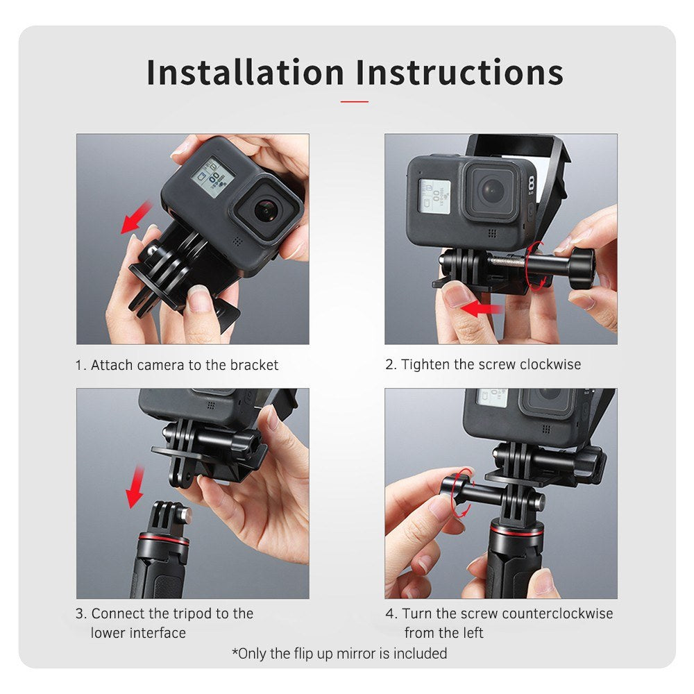 Uniqkart GP-5 Vlog Selfie Mirror Camera Flip Screen with 3 Cold Shoe Bracket Microphone Mount for GoPro 5/6/7/8
