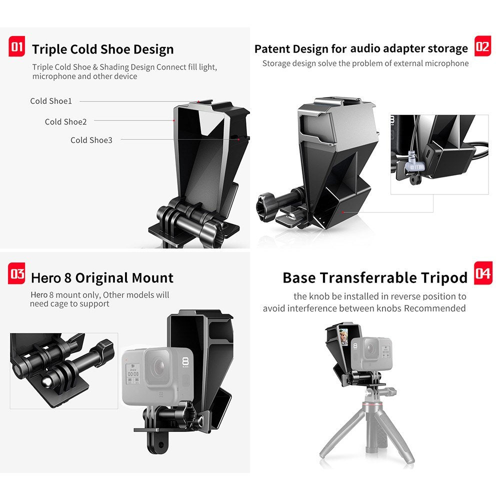 Uniqkart GP-5 Vlog Selfie Mirror Camera Flip Screen with 3 Cold Shoe Bracket Microphone Mount for GoPro 5/6/7/8
