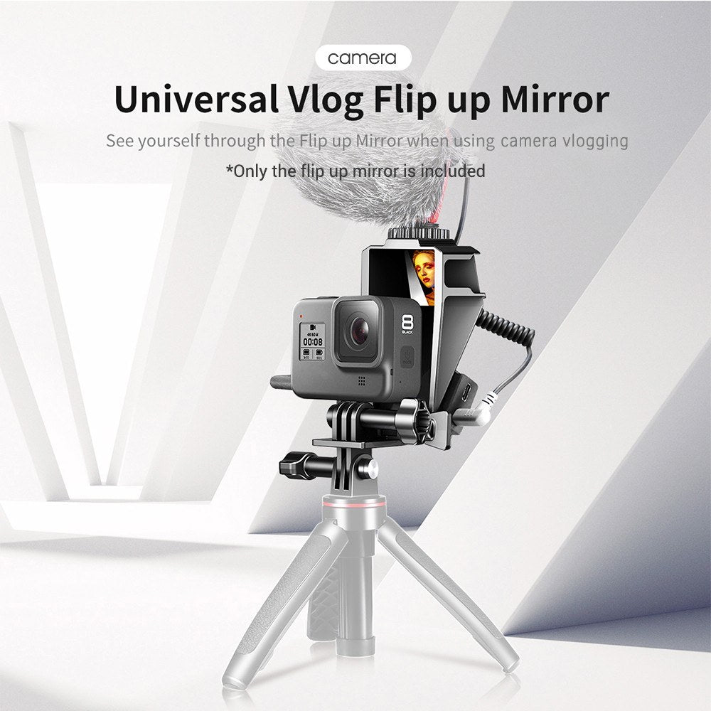 Uniqkart GP-5 Vlog Selfie Mirror Camera Flip Screen with 3 Cold Shoe Bracket Microphone Mount for GoPro 5/6/7/8