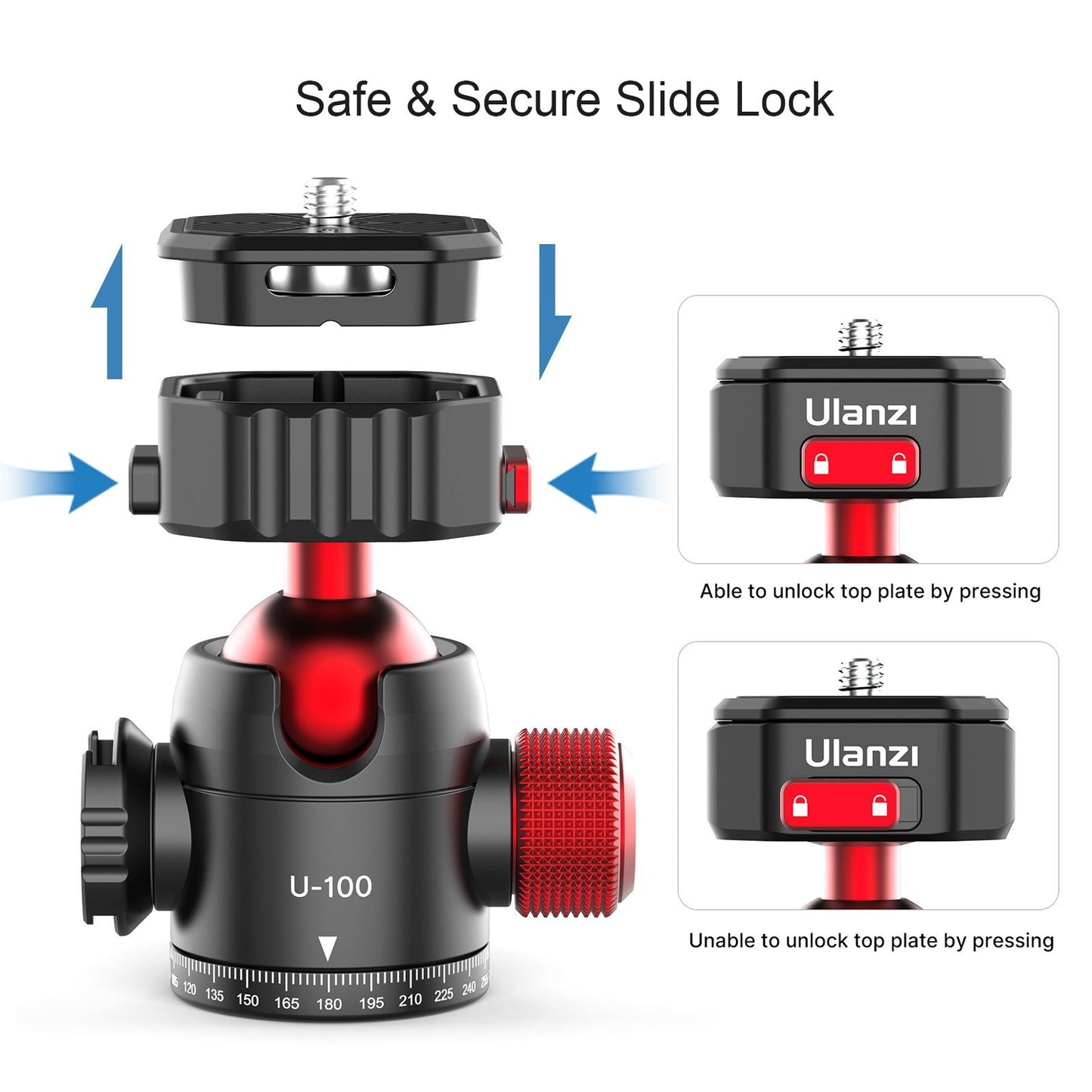 Uniqkart U100 Tripod Head Quick Release Plate Metal 360-degree Panoramic Ball Head with Cold Shoe Mount, 20KG Loading Capacity