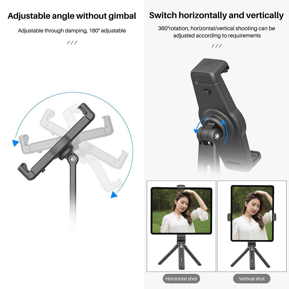 Uniqkart ST-20 Tablet Tripod Mount Adapter 360 Degree Rotatable Clamp Tablet Holder with 1/4 Inch Screw Hole Dual Cold Shoe Mounts