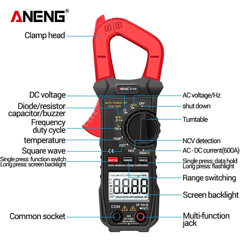 Aneng ST209 Digital Multimeter 6000 Counts True RMS Amp DC/AC Current Auto-Ranging Clamp Tester LCD Display Meters Voltmeter - Black