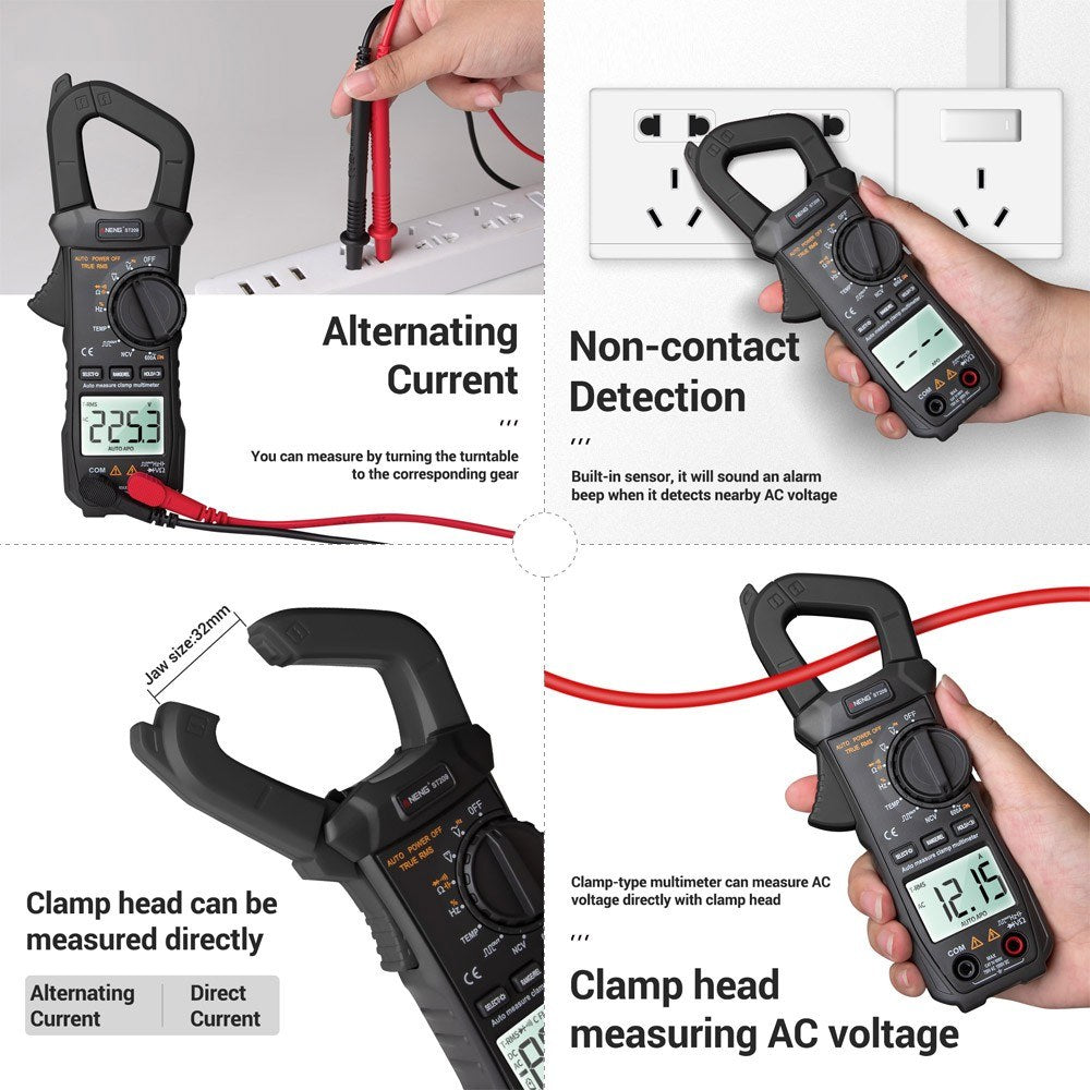 Aneng ST209 Digital Multimeter 6000 Counts True RMS Amp DC/AC Current Auto-Ranging Clamp Tester LCD Display Meters Voltmeter - Black