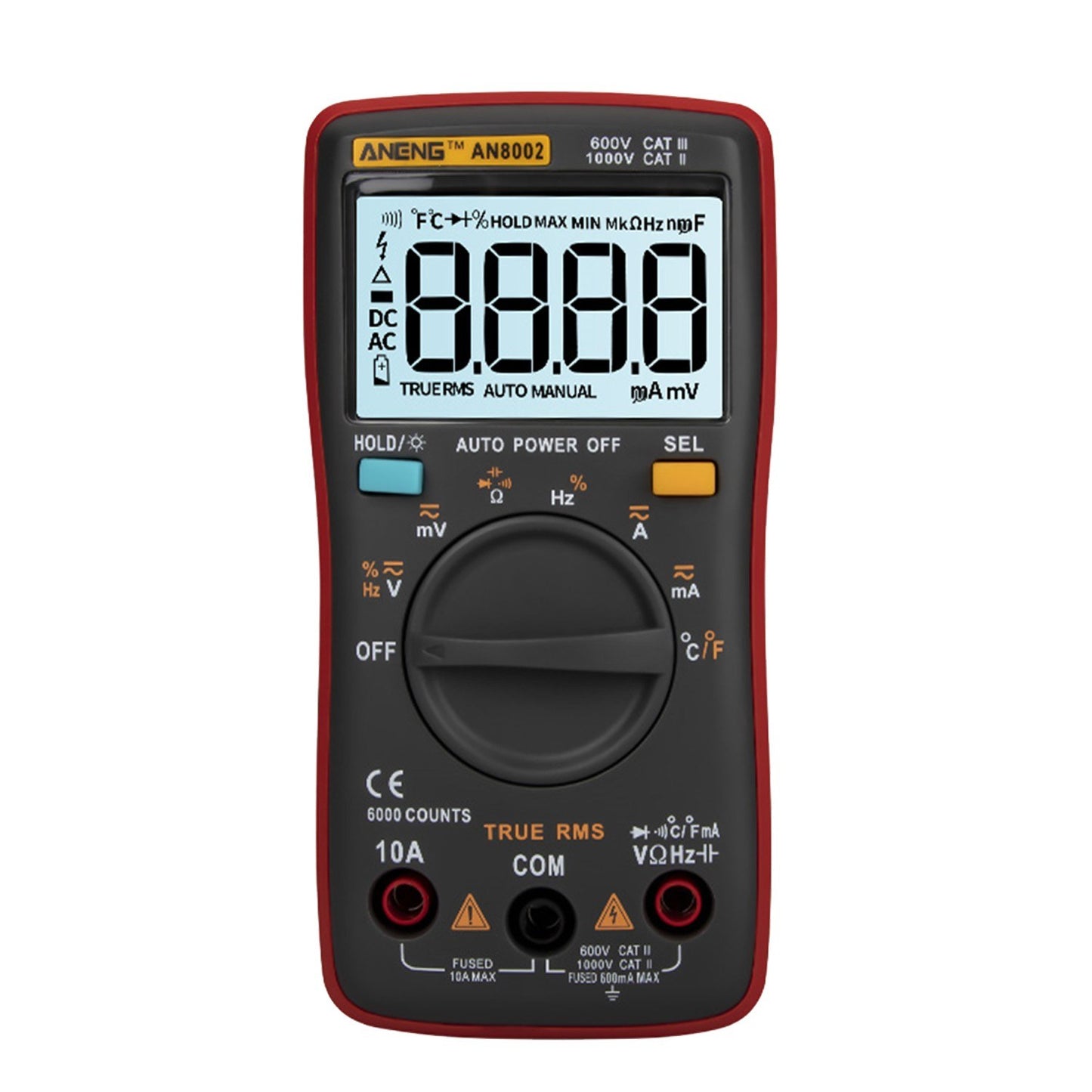 Aneng AN8002 Digital Multimeter RMS 6000 Counts Volt Meter Ohmmeter Auto-Ranging Tester AC/DC Voltage and Current, Temperature - Red
