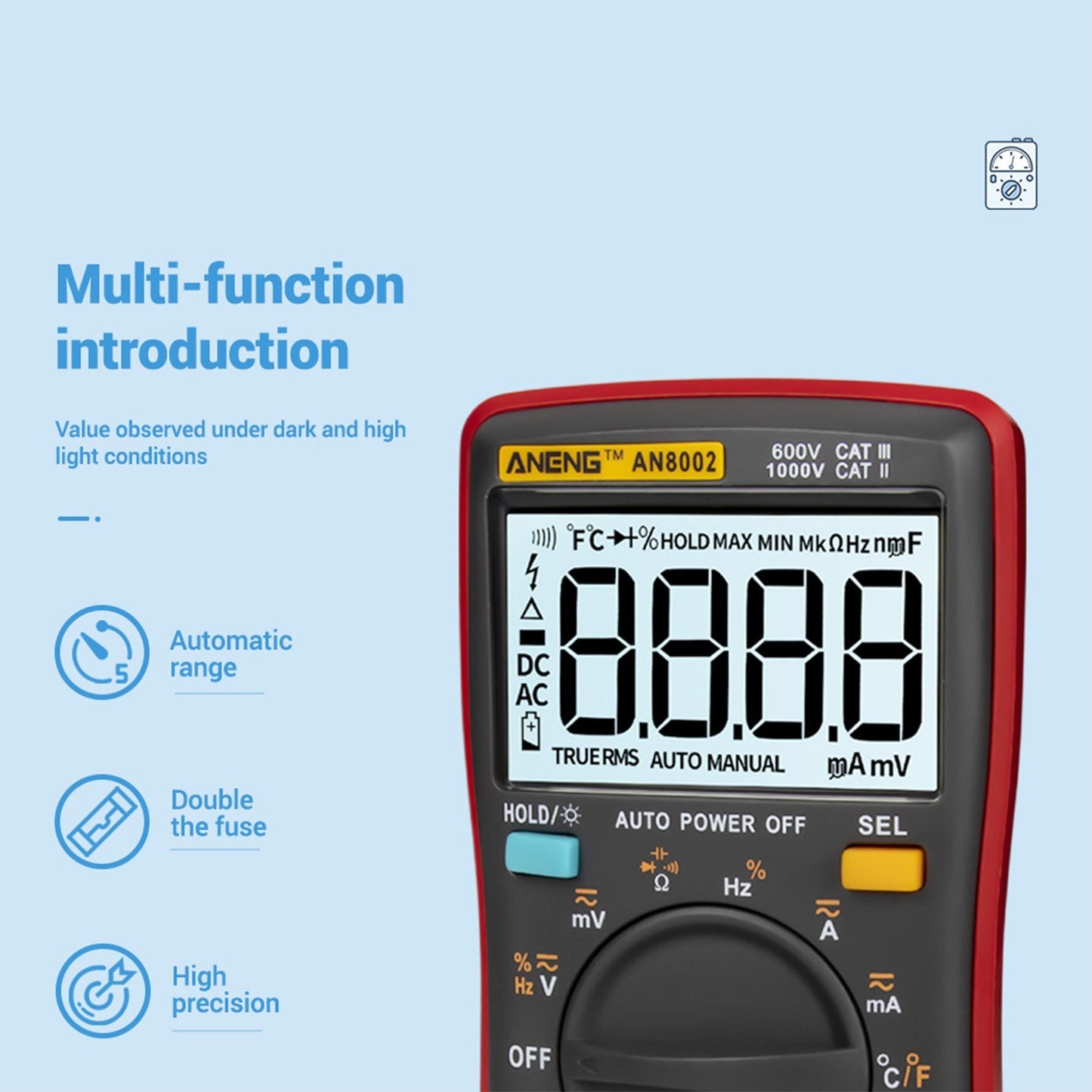 Aneng AN8002 Digital Multimeter RMS 6000 Counts Volt Meter Ohmmeter Auto-Ranging Tester AC/DC Voltage and Current, Temperature - Red