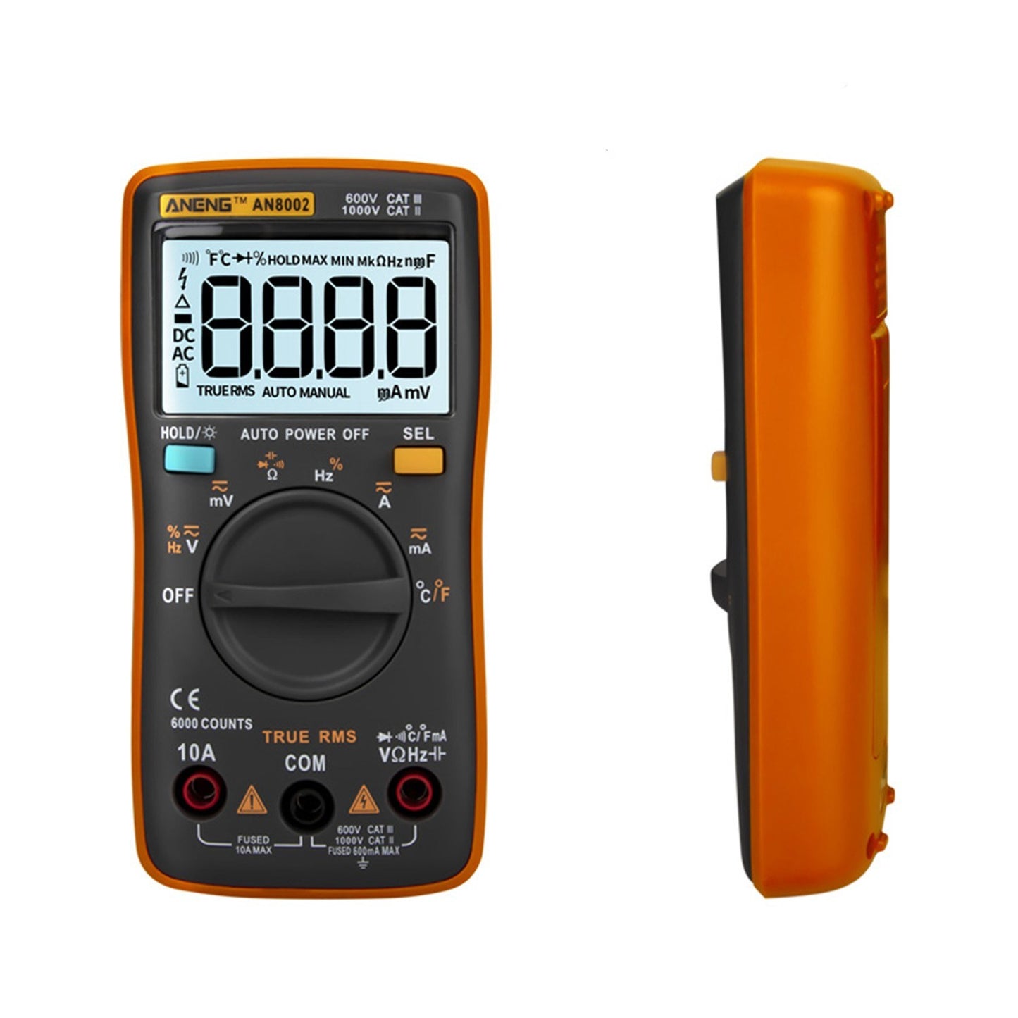 Aneng AN8002 Digital Multimeter RMS 6000 Counts Volt Meter Ohmmeter Auto-Ranging Tester AC/DC Voltage and Current, Temperature - Orange