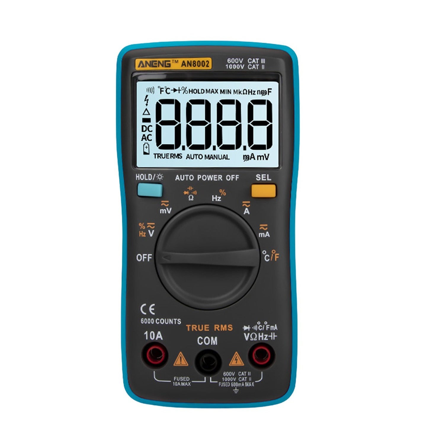 Aneng AN8002 Digital Multimeter RMS 6000 Counts Volt Meter Ohmmeter Auto-Ranging Tester AC/DC Voltage and Current, Temperature - Blue