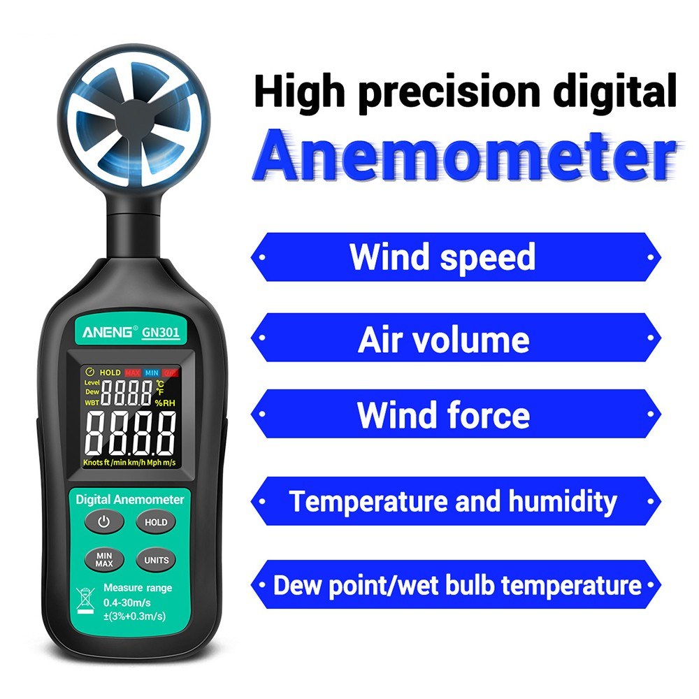 Aneng GN301 Digital Anemometer Handheld Wind Speed Meter Gauge with Thermometer Temperature Backlit