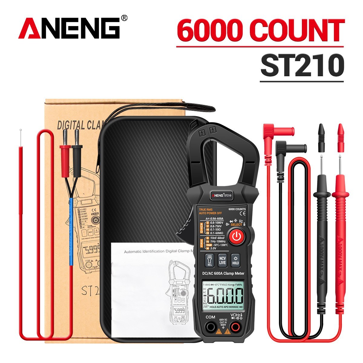 Aneng Digital Clamp Meter AC/DC Voltage Current Tester Auto-Ranging Temperature Capacitance Resistance Diodes Continuity Test - Black