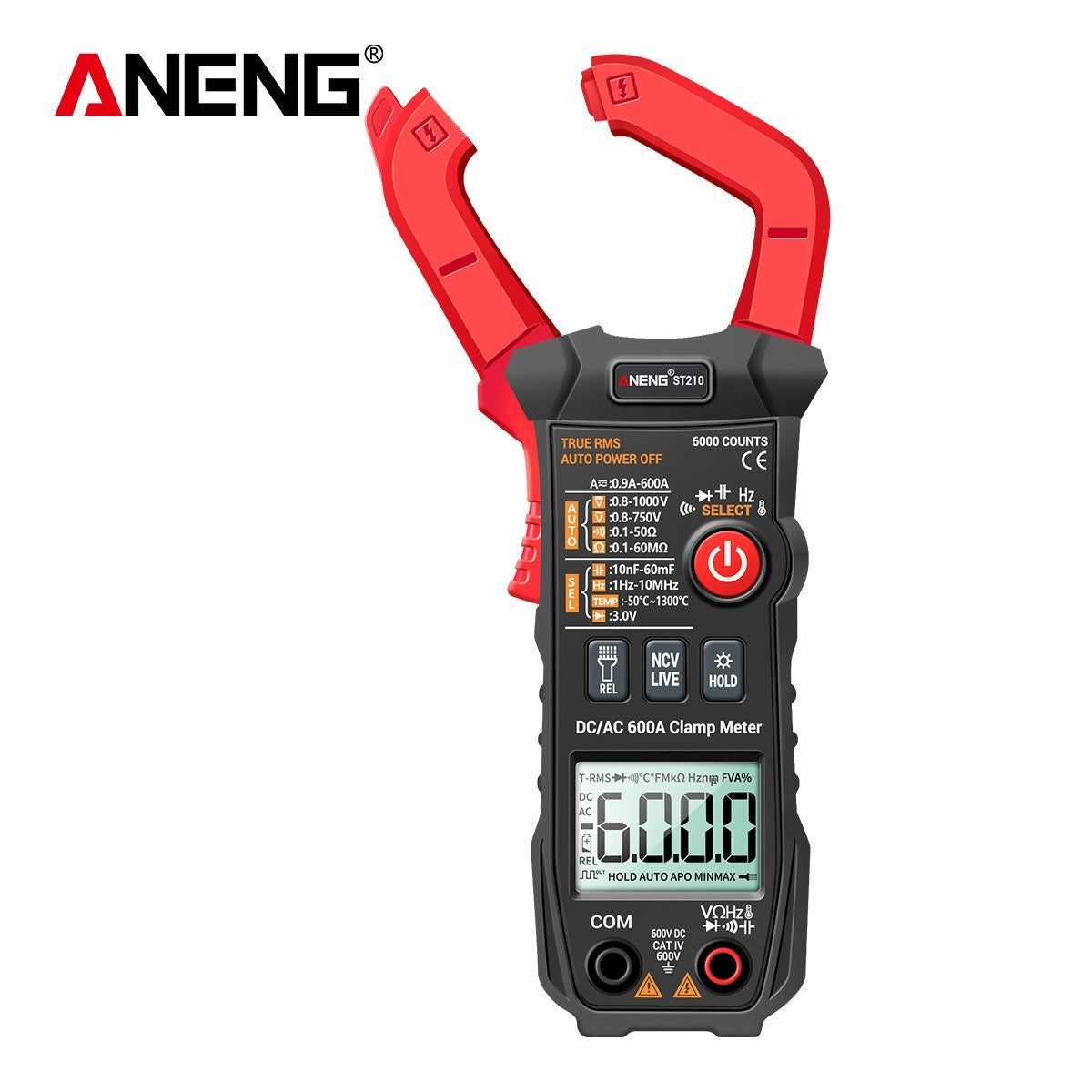 Aneng Digital Clamp Meter AC/DC Voltage Current Tester Auto-Ranging Temperature Capacitance Resistance Diodes Continuity Test - Red