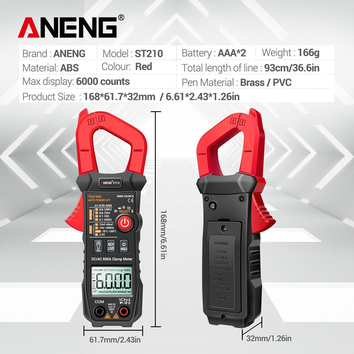 Aneng Digital Clamp Meter AC/DC Voltage Current Tester Auto-Ranging Temperature Capacitance Resistance Diodes Continuity Test - Red