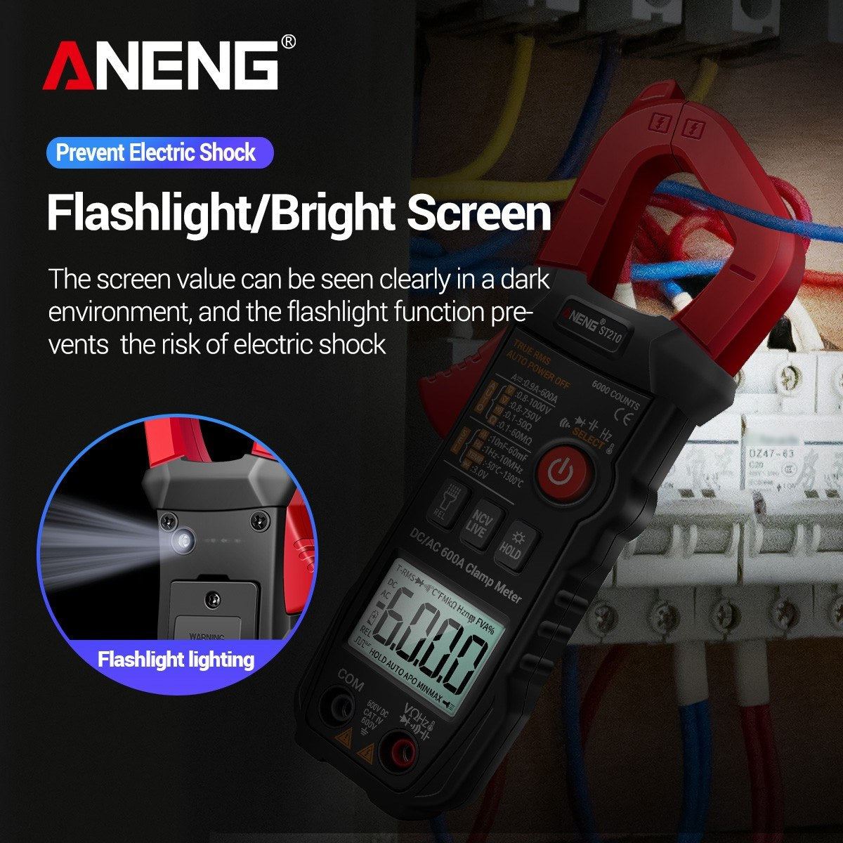Aneng Digital Clamp Meter AC/DC Voltage Current Tester Auto-Ranging Temperature Capacitance Resistance Diodes Continuity Test - Red