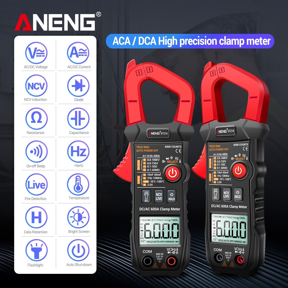 Aneng Digital Clamp Meter AC/DC Voltage Current Tester Auto-Ranging Temperature Capacitance Resistance Diodes Continuity Test - Red