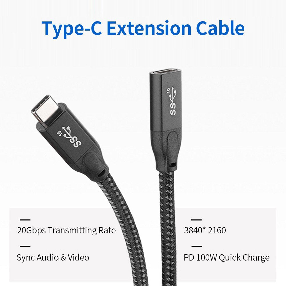 USB C Extension Cable Gen2 20Gbps Type C USB 3.1 Male to Female 100W PD Fast Charging and 4K Video Display Extender Lead for Thunderbolt 3 - Black/0.3m