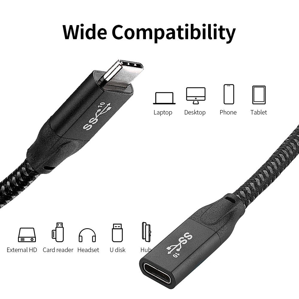 USB C Extension Cable Gen2 20Gbps Type C USB 3.1 Male to Female 100W PD Fast Charging and 4K Video Display Extender Lead for Thunderbolt 3 - Black/0.3m