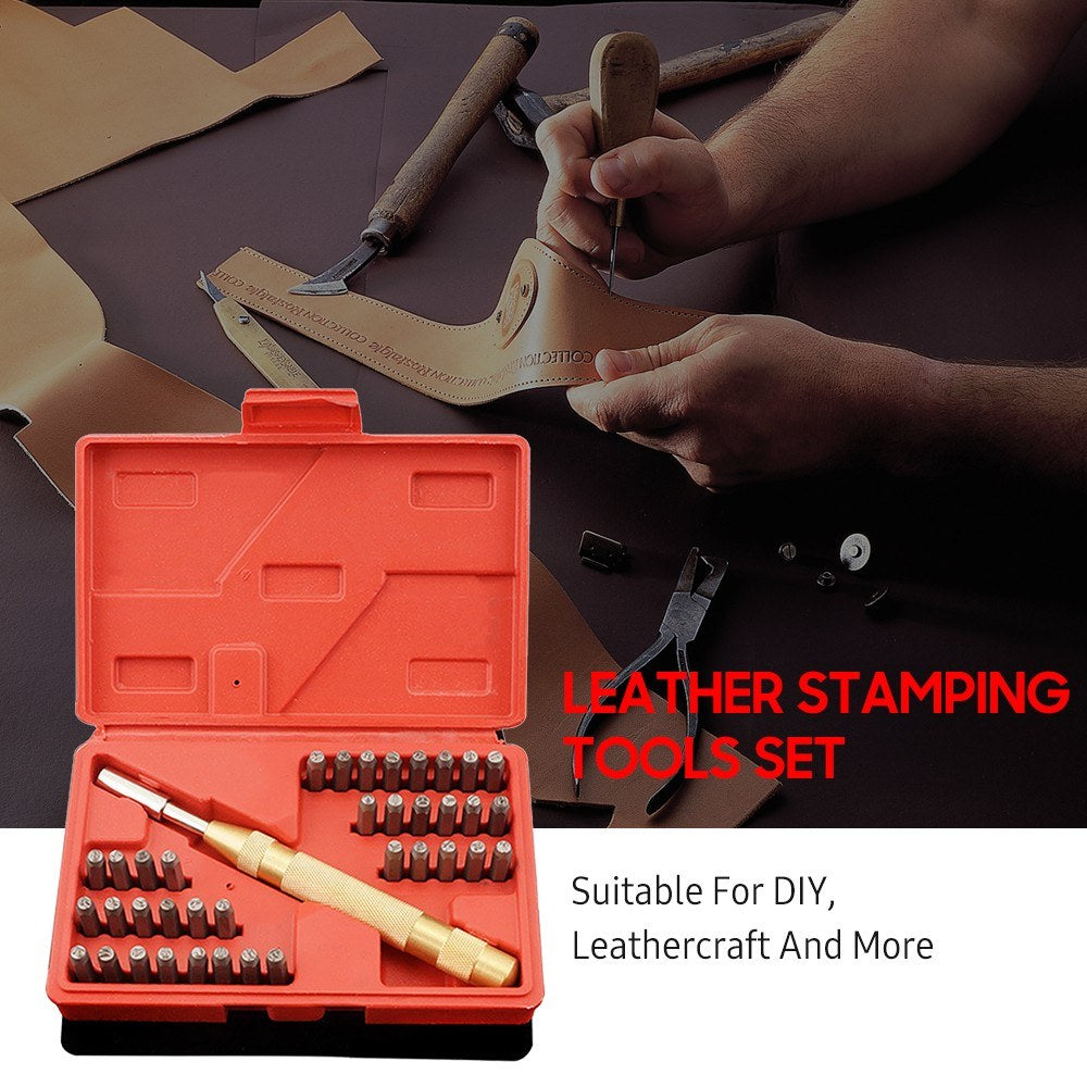 Leather Working Tools 38 Pcs Symbol Letter and Number Punch Set Metal Stamps Kit for Hand Sewing Stitching Stamping Set and Saddle Making