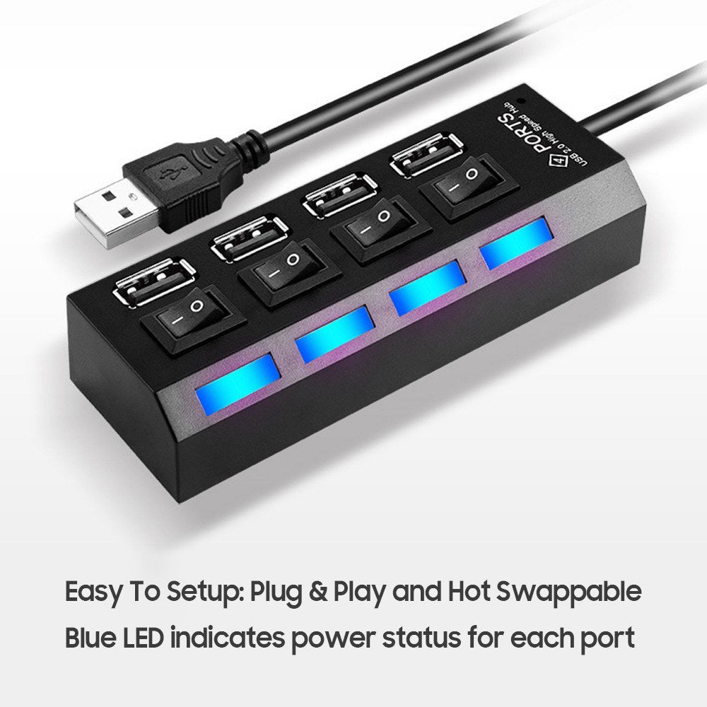 4-Port USB 2.0 Hub Data Hub Splitter and Expander Hub with Individual LED Lit Power Switches Compatible for MacBook/for Mac Pro/Windows/Linux/Notebook PC/USB Flash Drives - Black
