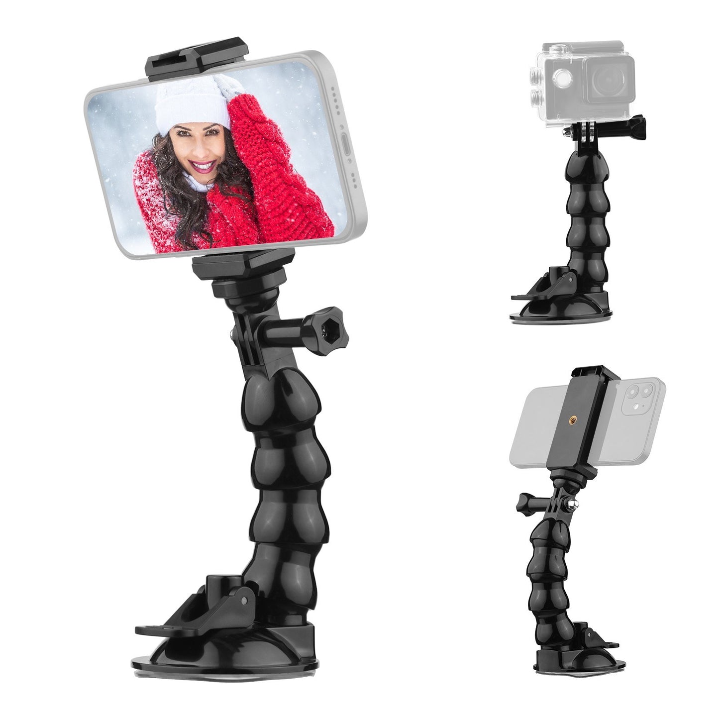 16cm/6.3in Flexible Suction Cup Mount Windshield Phone Stand 360-Degree Rotating Holder with 1/4 Inch Screw Connector for Smartphones Action Cameras