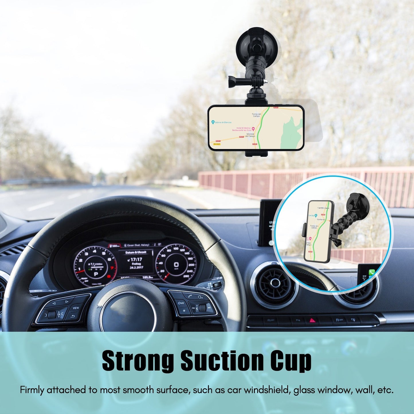 16cm/6.3in Flexible Suction Cup Mount Windshield Phone Stand 360-Degree Rotating Holder with 1/4 Inch Screw Connector for Smartphones Action Cameras
