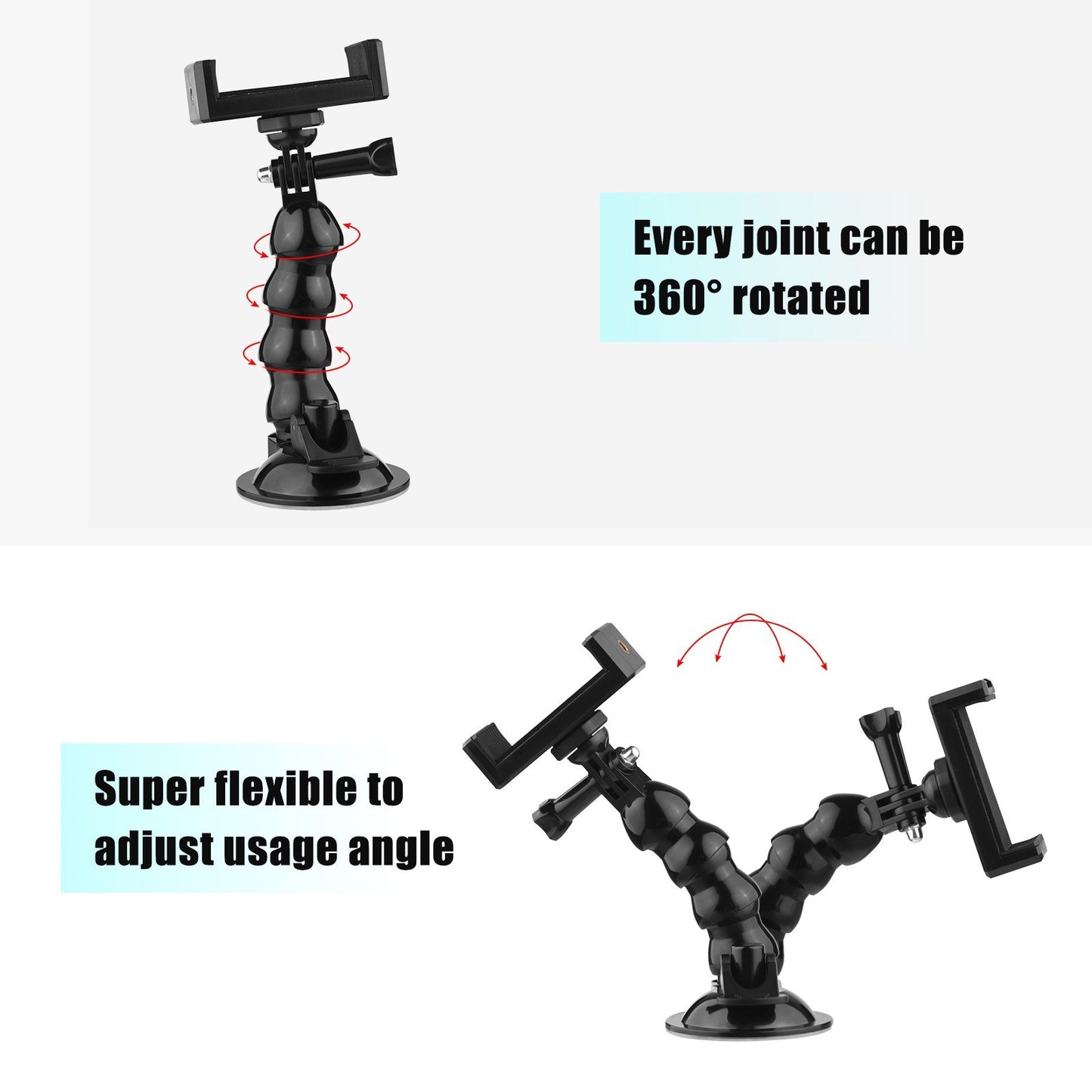16cm/6.3in Flexible Suction Cup Mount Windshield Phone Stand 360-Degree Rotating Holder with 1/4 Inch Screw Connector for Smartphones Action Cameras
