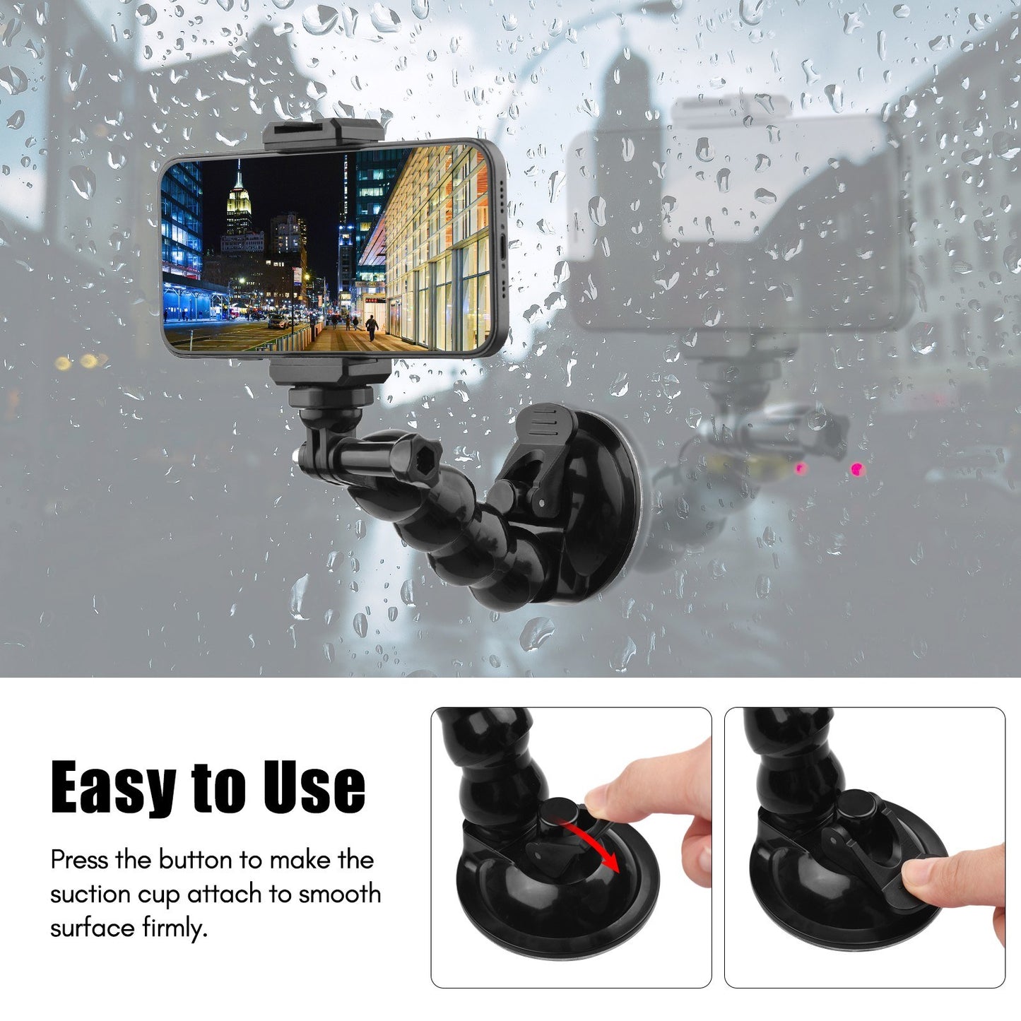 16cm/6.3in Flexible Suction Cup Mount Windshield Phone Stand 360-Degree Rotating Holder with 1/4 Inch Screw Connector for Smartphones Action Cameras