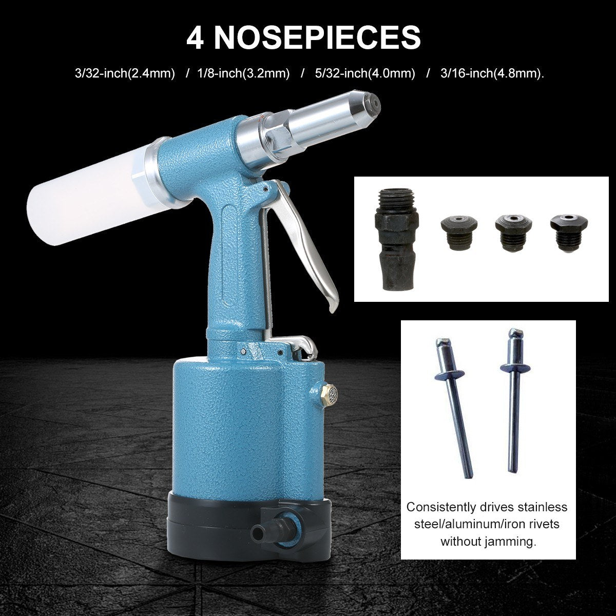 Industrial Pneumatic Rivet Gun Heavy Duty Air Riveter Gun Self-plugging Riveting Tool with 4 Nosepieces - Type 1/Blue