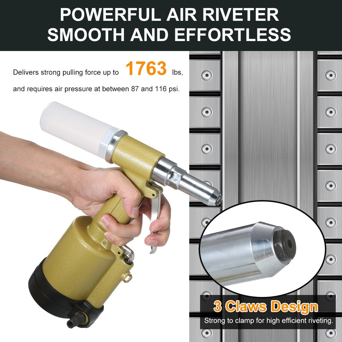 Industrial Pneumatic Rivet Gun Heavy Duty Air Riveter Gun Self-plugging Riveting Tool with 4 Nosepieces - Type 1/Gold