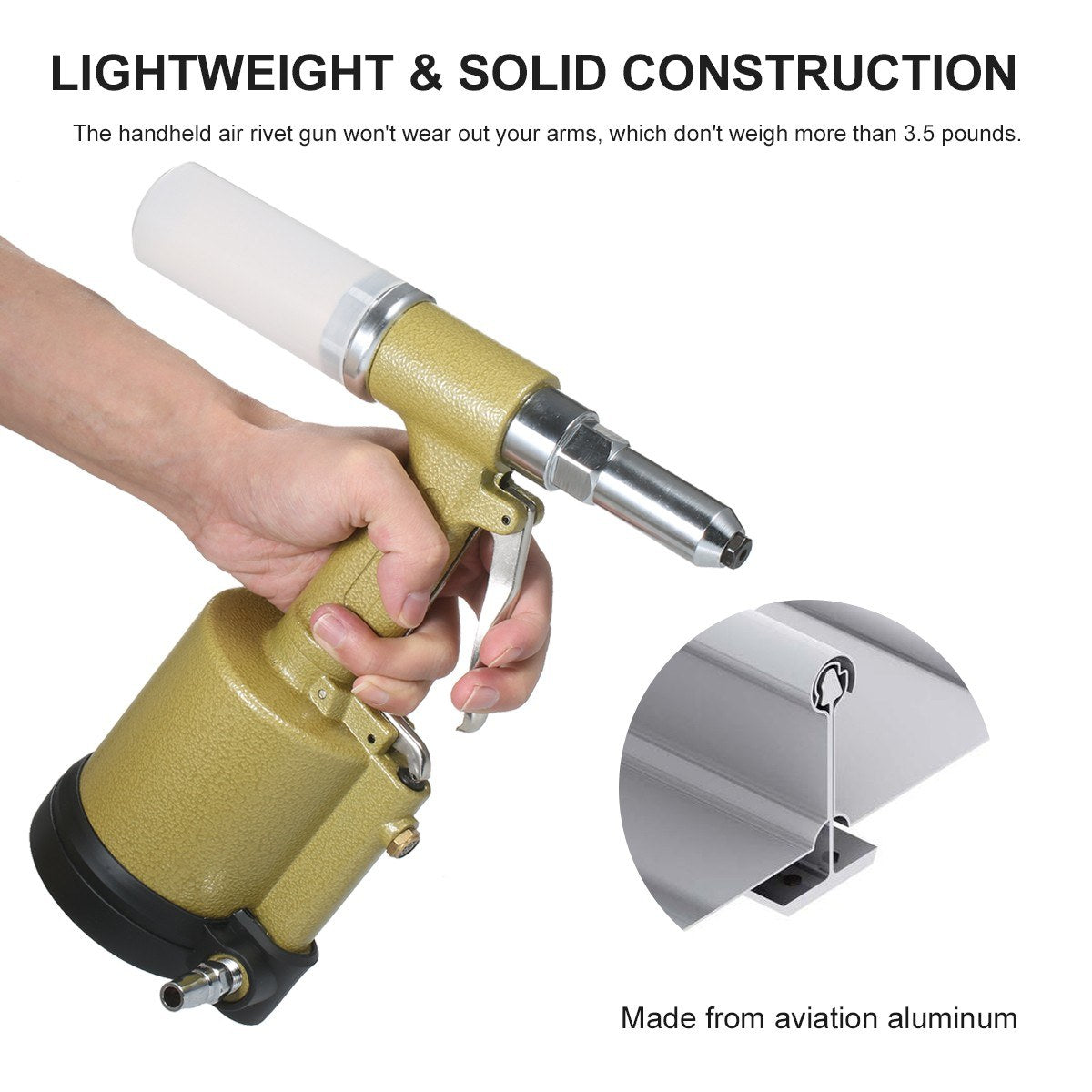 Industrial Pneumatic Rivet Gun Heavy Duty Air Riveter Gun Self-plugging Riveting Tool with 4 Nosepieces - Type 2/Gold