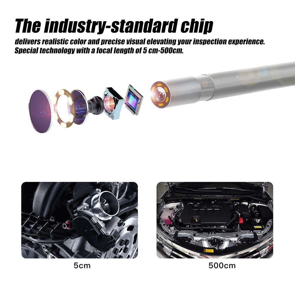 2m Hard Wire Wireless Fidelity Connected Industrial Endoscope Borescope IP67 Waterproof Inspection Camera with Built-in 6pcs Dimmable LEDs 3.9mm Lens 1960*1080 Resolution