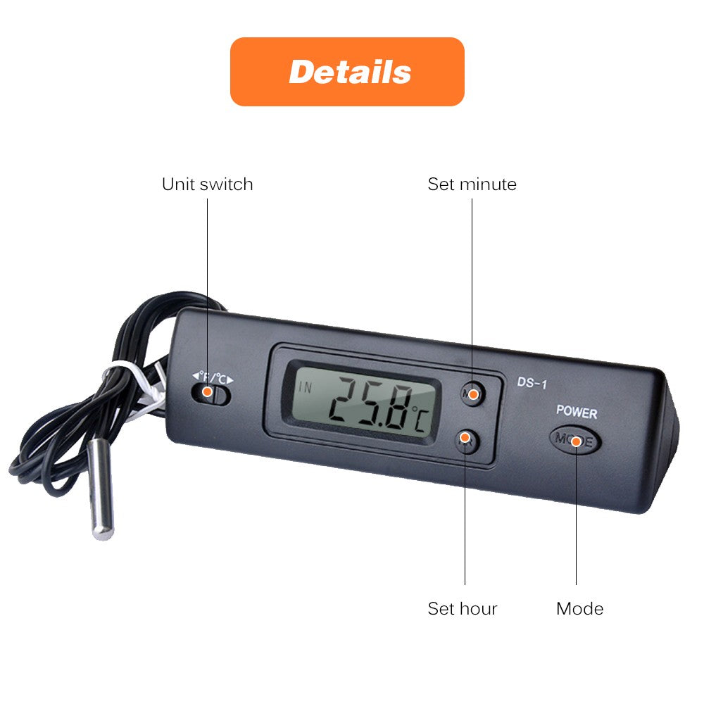 Mini Lightweight Thermometer Electronic Digital Car Thermometer Multi-Function Indoor Outdoor Time Temperature Display with Probe