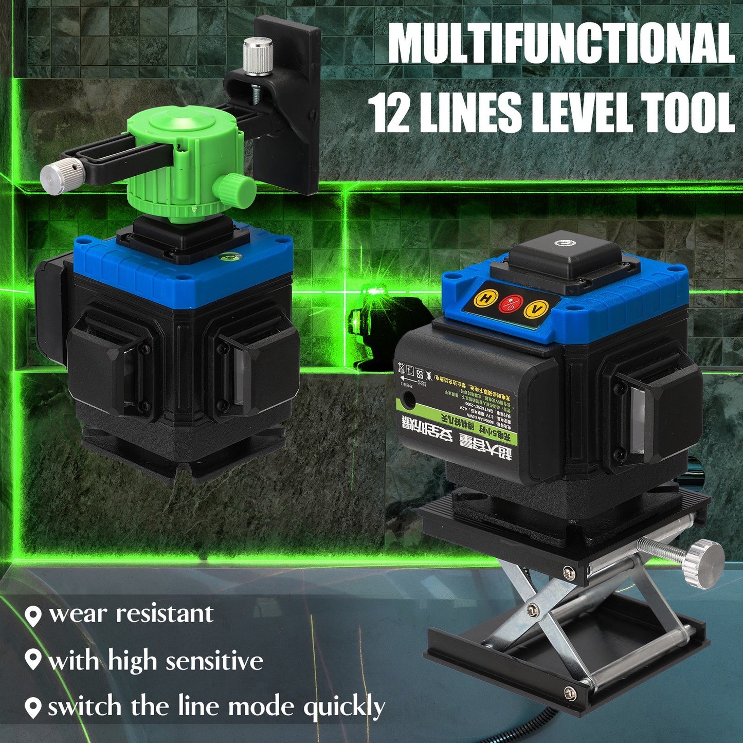 3D 360-degree Laser Level Measurment Instrument Touched Keys Multifunctional 12 Green Line Leveler with Fixed Base Adjustment Function - AU Plug