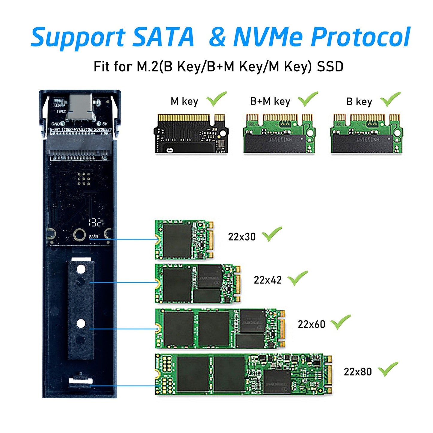M.2 NVMe&amp;SATA External Hard Drive SSD Enclosure Adapter Dual Protocol Mobile Hard Disk Case Supports 2230/2242/2260/2280 SSD