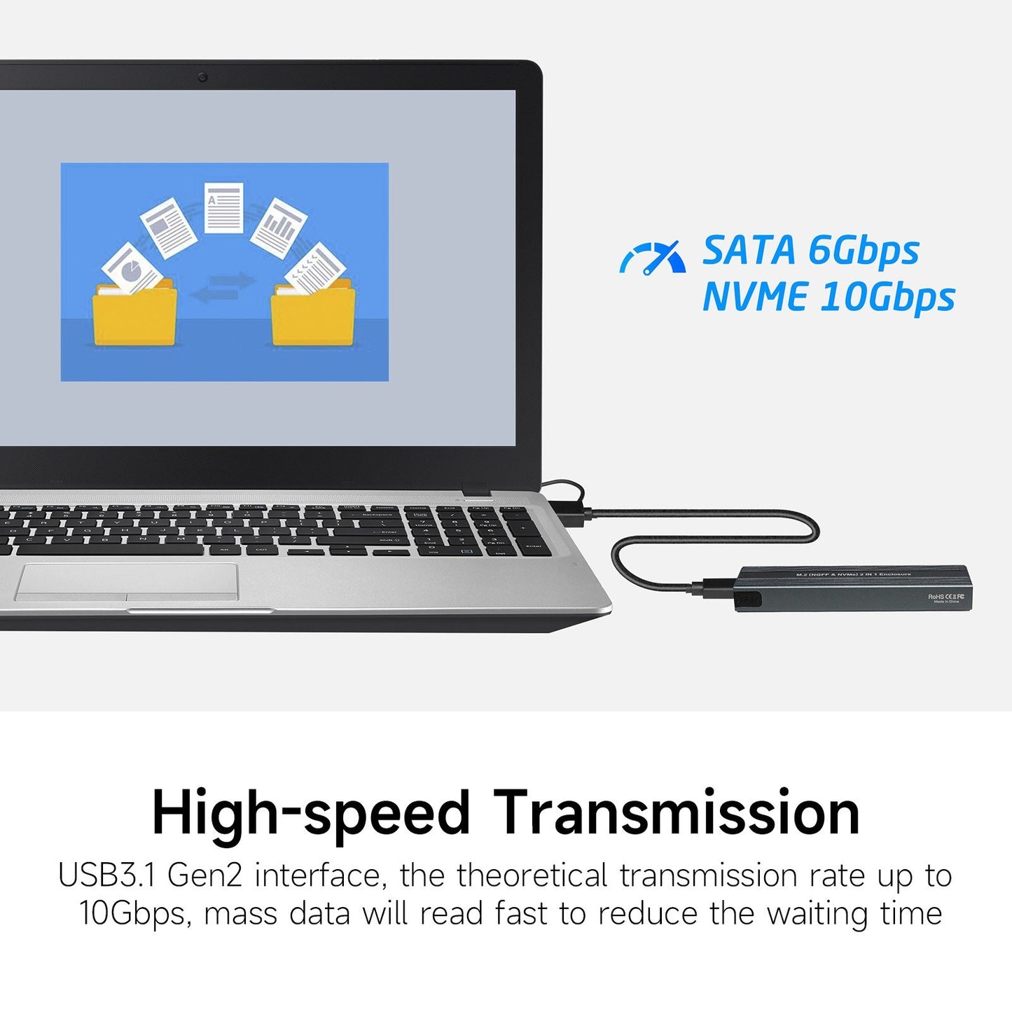 M.2 NVMe&amp;SATA External Hard Drive SSD Enclosure Adapter Dual Protocol Mobile Hard Disk Case Supports 2230/2242/2260/2280 SSD