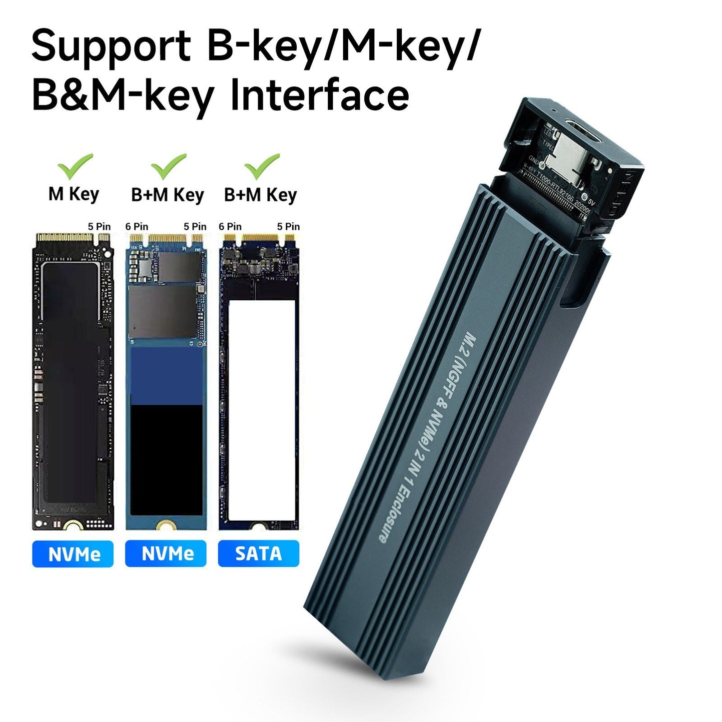 M.2 NVMe&amp;SATA External Hard Drive SSD Enclosure Adapter Dual Protocol Mobile Hard Disk Case Supports 2230/2242/2260/2280 SSD