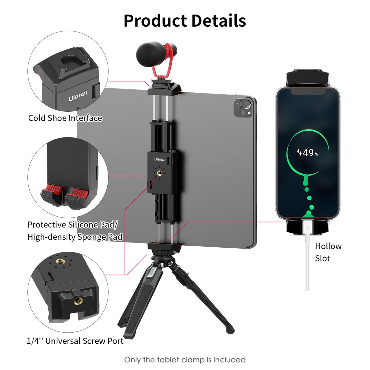 Uniqkart ST-29 Universal Tripod Mount Phone/Tablet Holder Clamp with Cold Shoe Interface