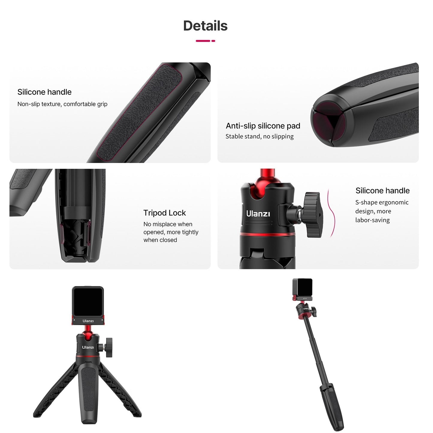 ULANZI MT-50 Selfie Stick Tripod for DJI Action 2 Camera, Portable Monopod Stand Holder with 360-degree Rotatable Ballhead 3-section Extendable Tub