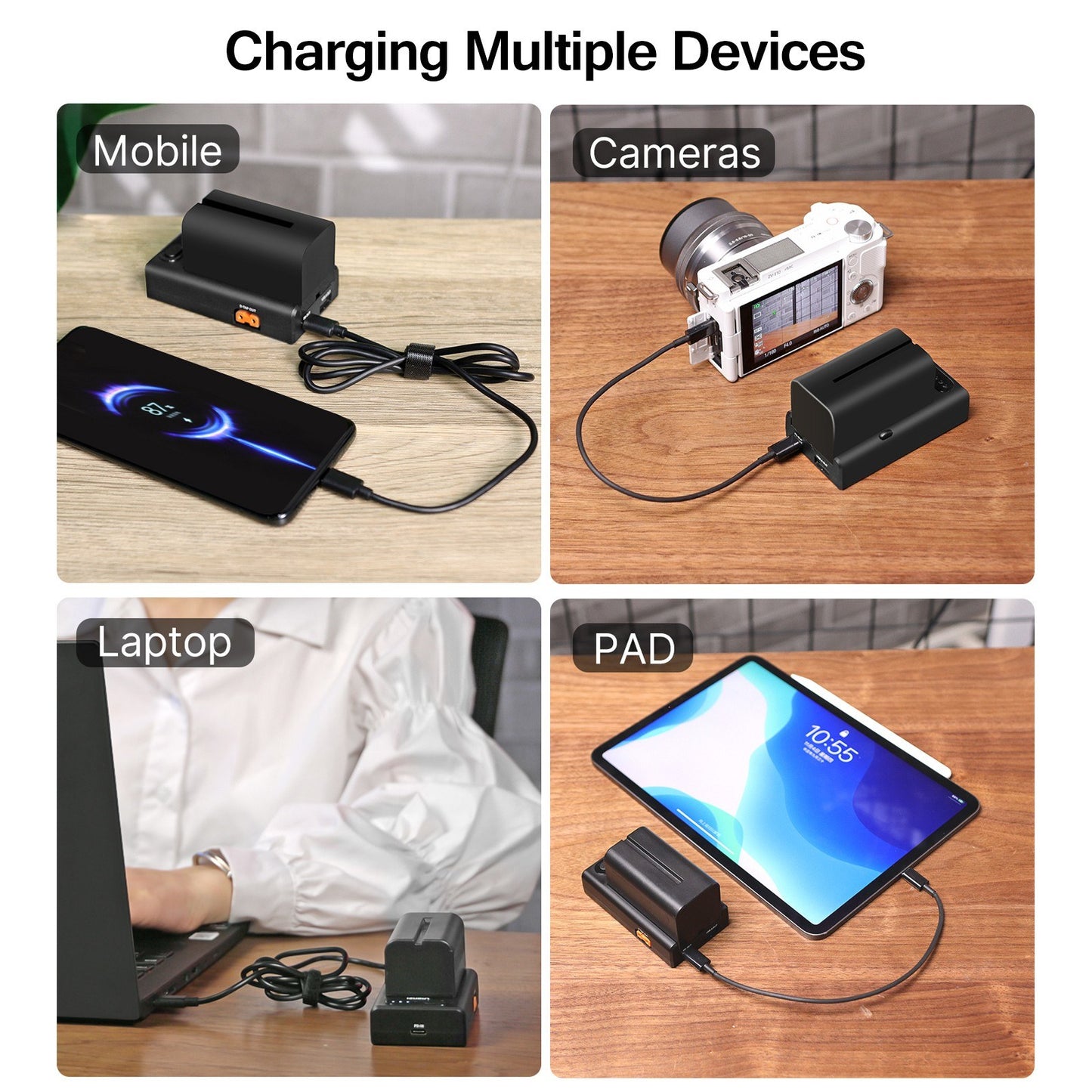 ULANZI NP-F01 Camera Battery Charger Multi-functional  Adapter for F550/F750/F970 NP-F Batteries 22W Bi-directional Quick Charger with Type-C PD Input &amp; Output/ USB-A &amp; D-TAP Outputs